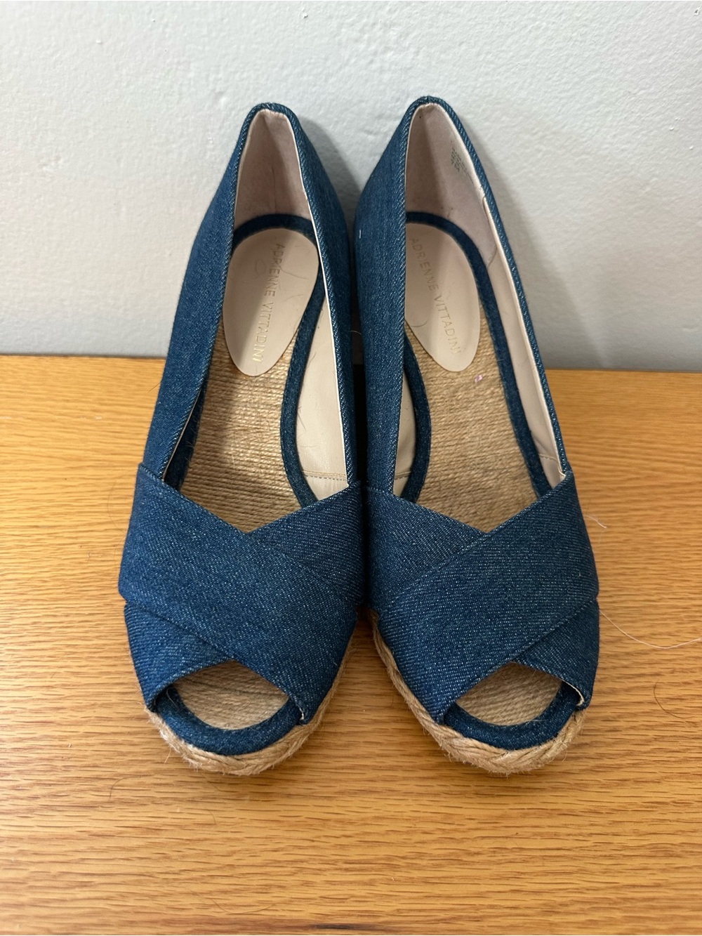 Adrienne Vittadini Denim Espadrille Wedge Peep Toe Pumps Size 7